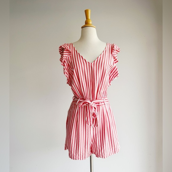 LOFT Red and White Striped Ruffle Sleeve Romper Size 2 - Picture 3 of 8